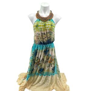 Aratta Silent Journey Boho Floral Halter Maxi Dress Lace Hem Large Goddess Style